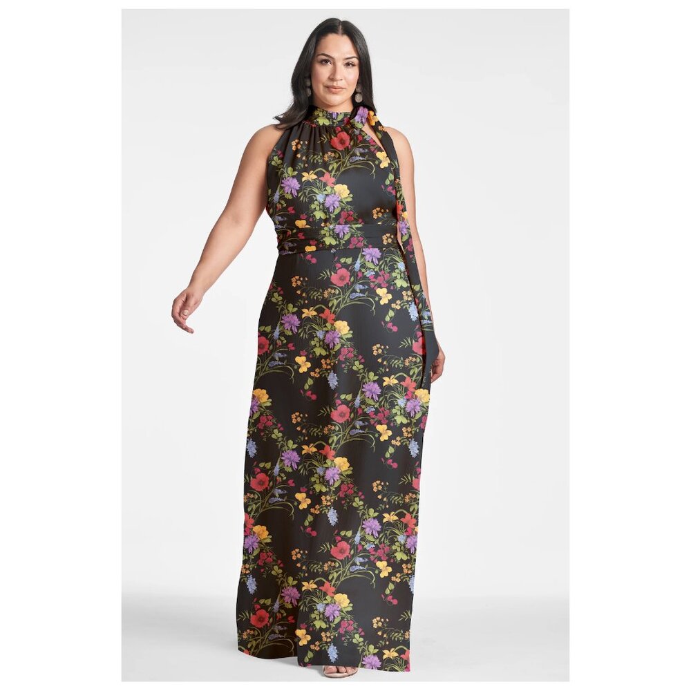 Sachin & Babi | Chiffon Halter Neck Kayla Gown in Noir Wildflower | NWT - Picture 3 of 10